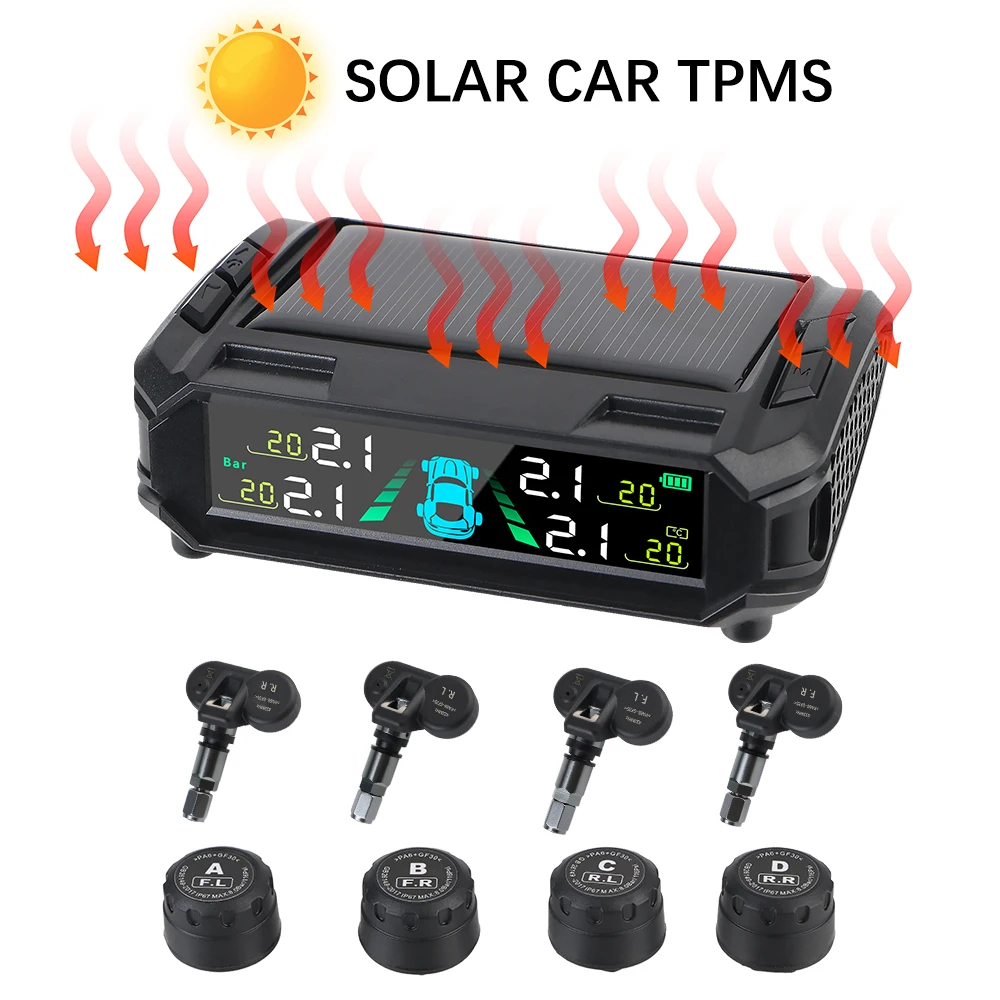 433.92MHz 4pcs Tire Sensors Solar TPMS Car Tire Pressure Monitoring System Auto Security Alarm Digital Display Tyre Temp Tester