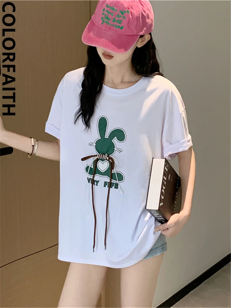 Colorfaith T6130CG New 2024 Rabbit Wild Oversized Girls Bottoming Korean Fashion Elegant Lady Women T-Shirts Spring Summer Tops