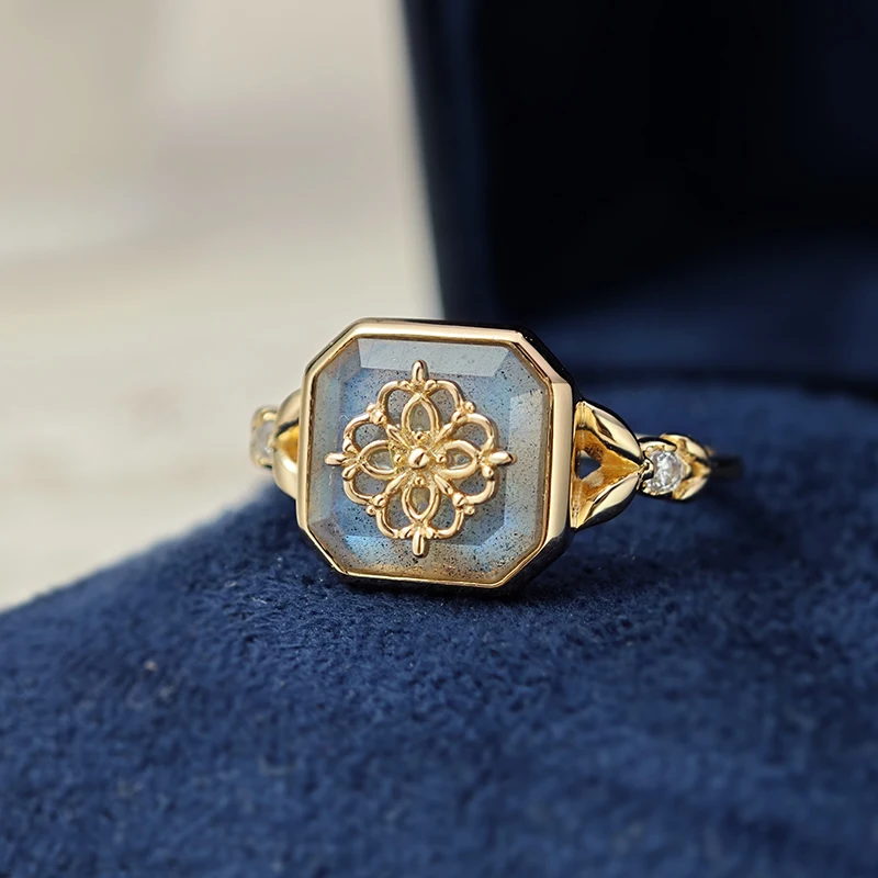 LAMOON Vingtage Bijou Natural Labradorite Ring For Women Gemstone Rings 925 Sterling Silver Gold Vermeil Elegant Fine Jewelry