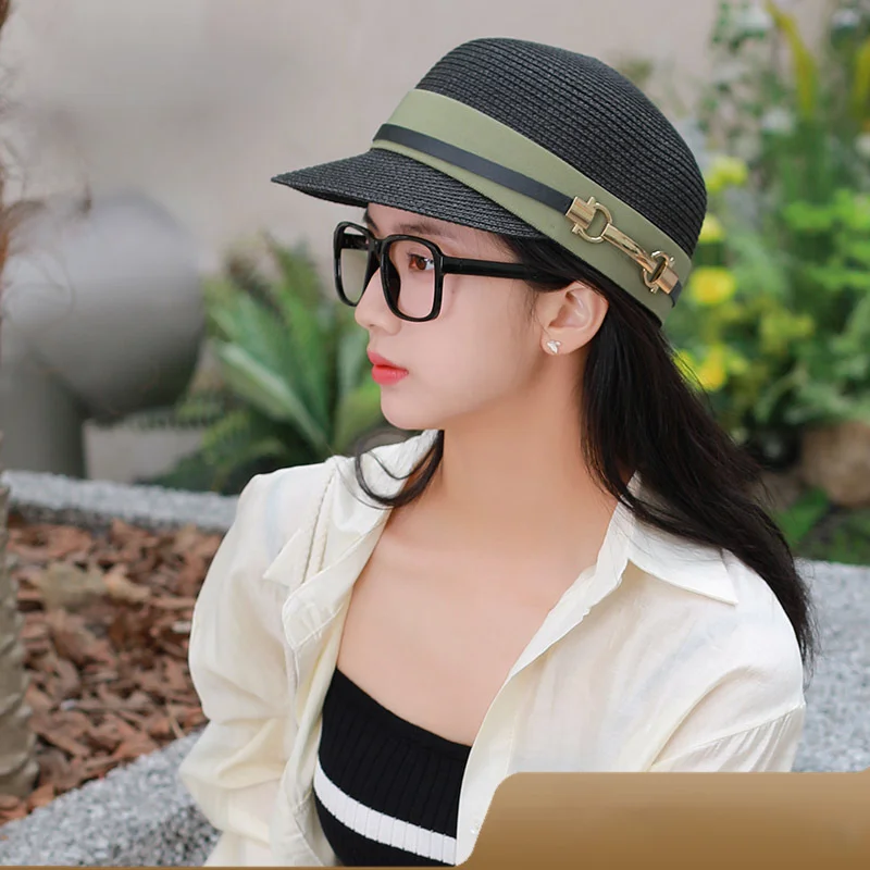 

Japan Style Classic Straw Woven Women's Sun Hats Fashion Outdoor Wear Cap Equestrian Hats Casual Adjustable Visors