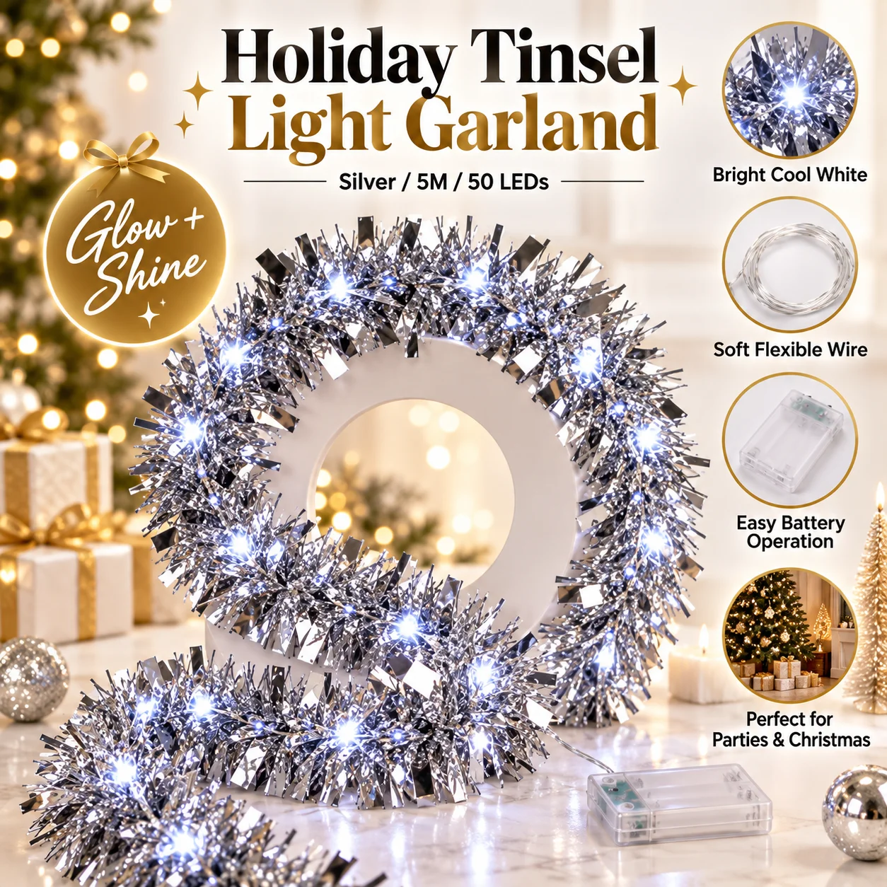 1pc Christmas Silver Tinsel Garland String Lights 50LED Copper Wire Fairy Lights For Home DIY Ornament Xmas Tree Festive Decor