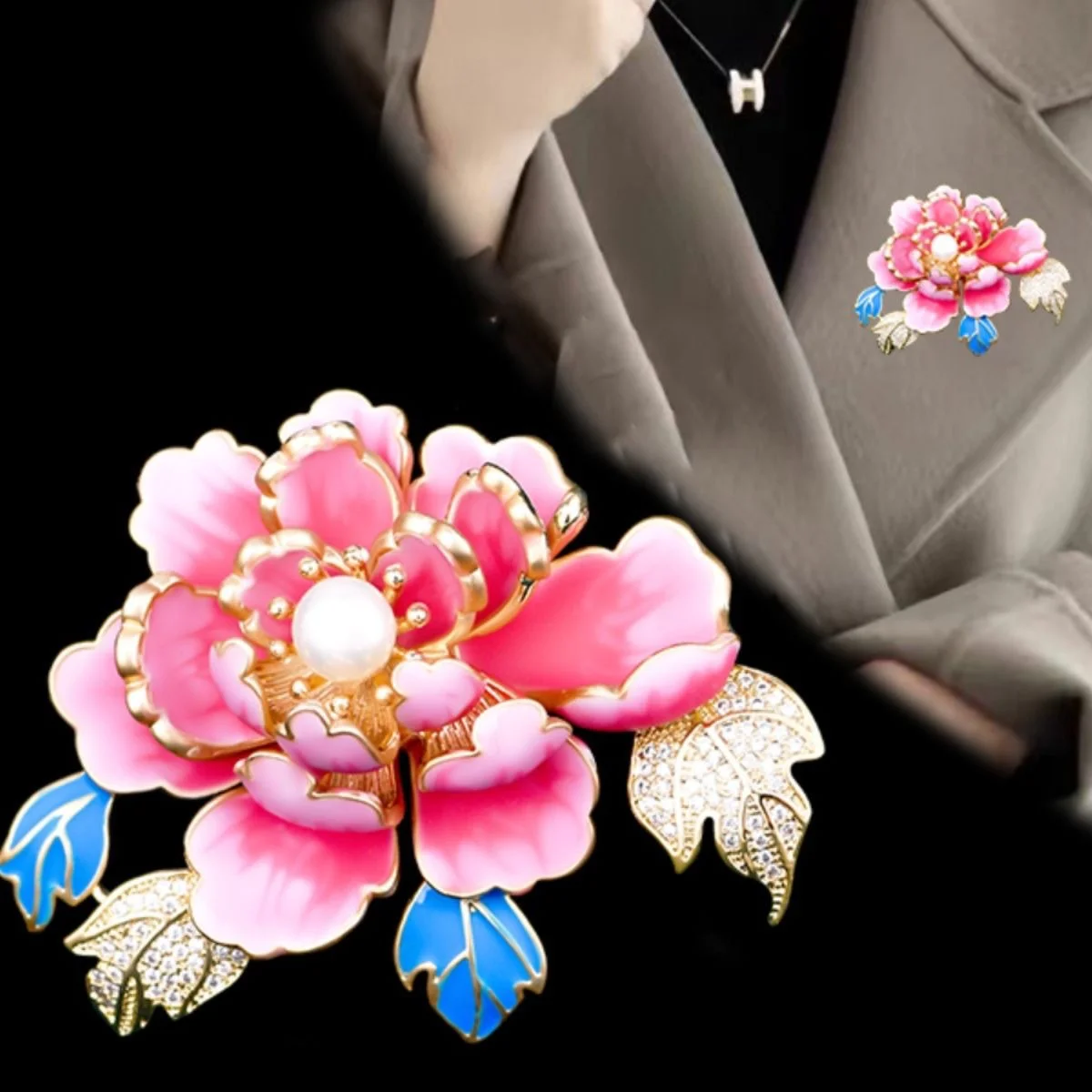 Rinhoo Elegant Pink Blue Peony Flower Brooch For Women Imitation Pearl Rose Floral Pin Bouquet Plant Badge Wedding Party Jewelry