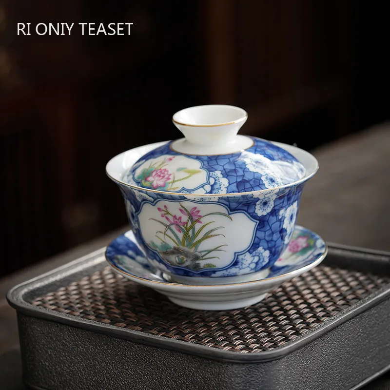 

Chinese Handmade Blue and Flower Ceramic Gaiwan Teacup Hand-painted Flowers and Plants Tea Tureen Porcelain Tea Bowl Teaware