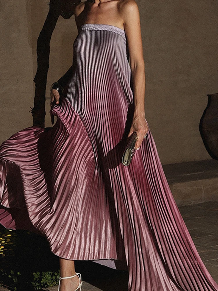 Sommerurlaub Farbverlauf Patchwork Maxikleid, Damenmode trägerloses elegantes Partykleid, ärmelloses einfaches schickes Damenkleid