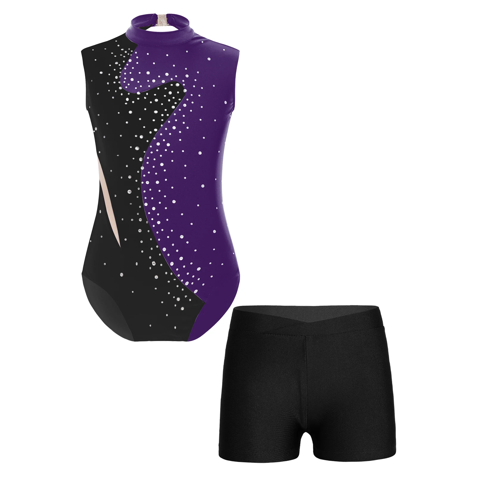 

Kids Girls Gymnastics Artistic Figure Skating Ballet Jersey Classical Dancewear Sparkling Rhinestones Tight Bodysuit with Shorts