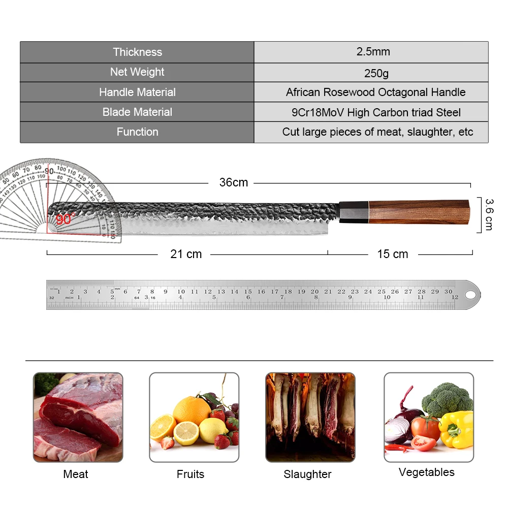 XITUO Slicing Carving Knife Hand Forged High Carbon Steel Brisket Knife Sharp Meat Ham Slicer Sandalwood Octagonal Handle