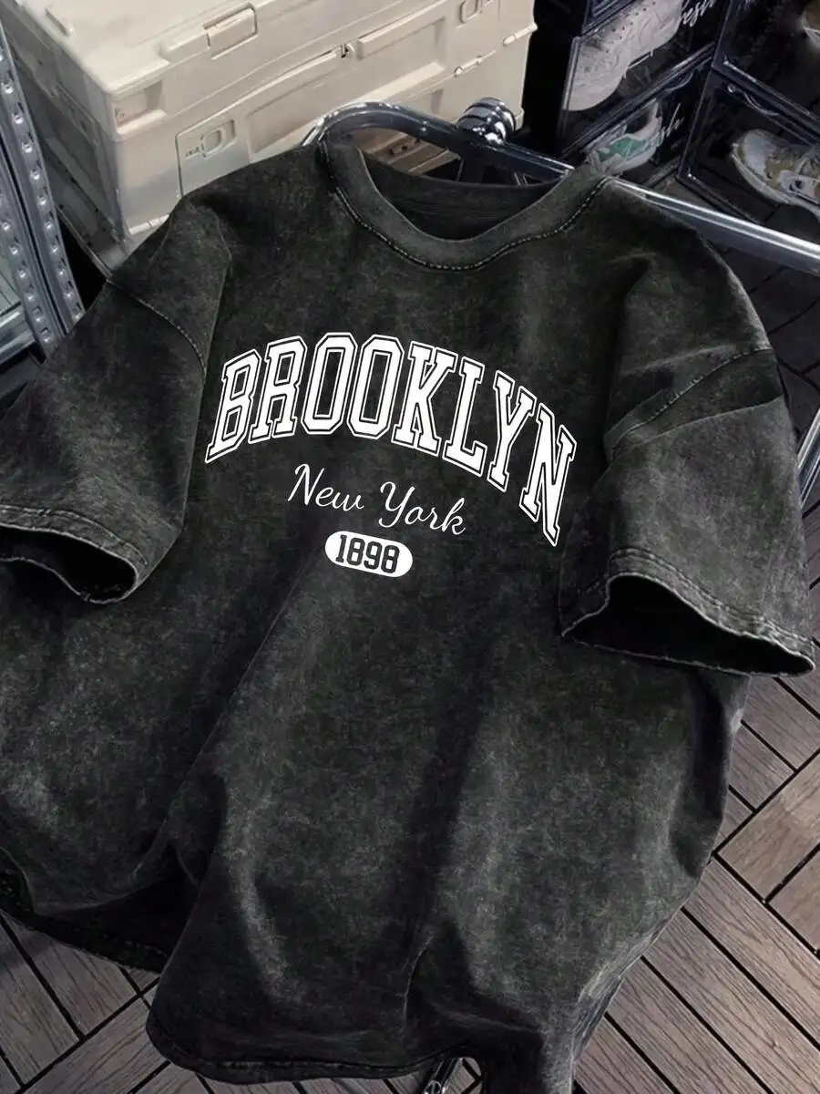 

Loose Fit Round Neck Brooklyn New York 1898 Print Washed Cotton Tee Summer Casual