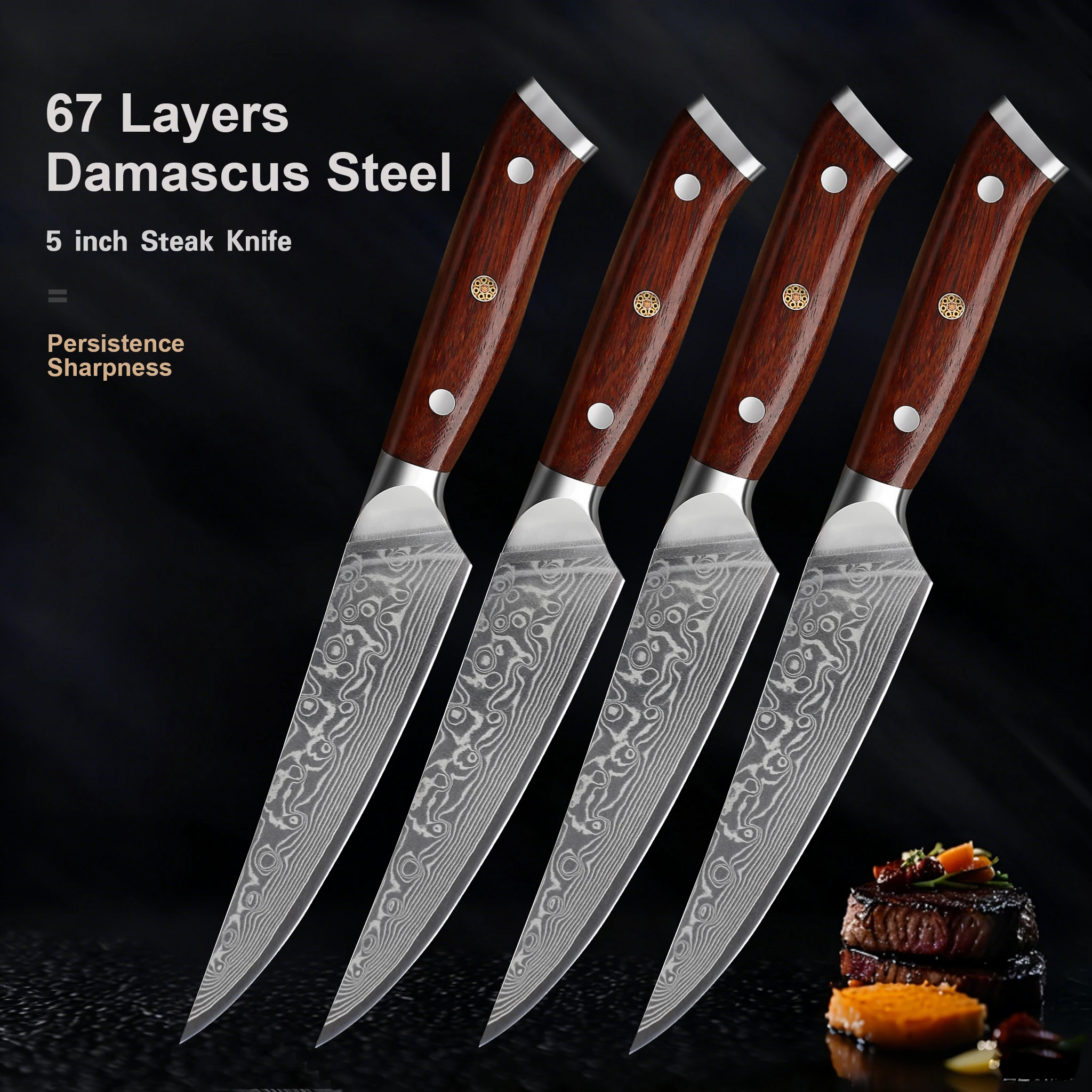 

4PCS 5'' Inches Steak Knife Set Damascus Steel Western Tableware Lamb Chop Knife High-end Kitchen Tools Rosewood Handle