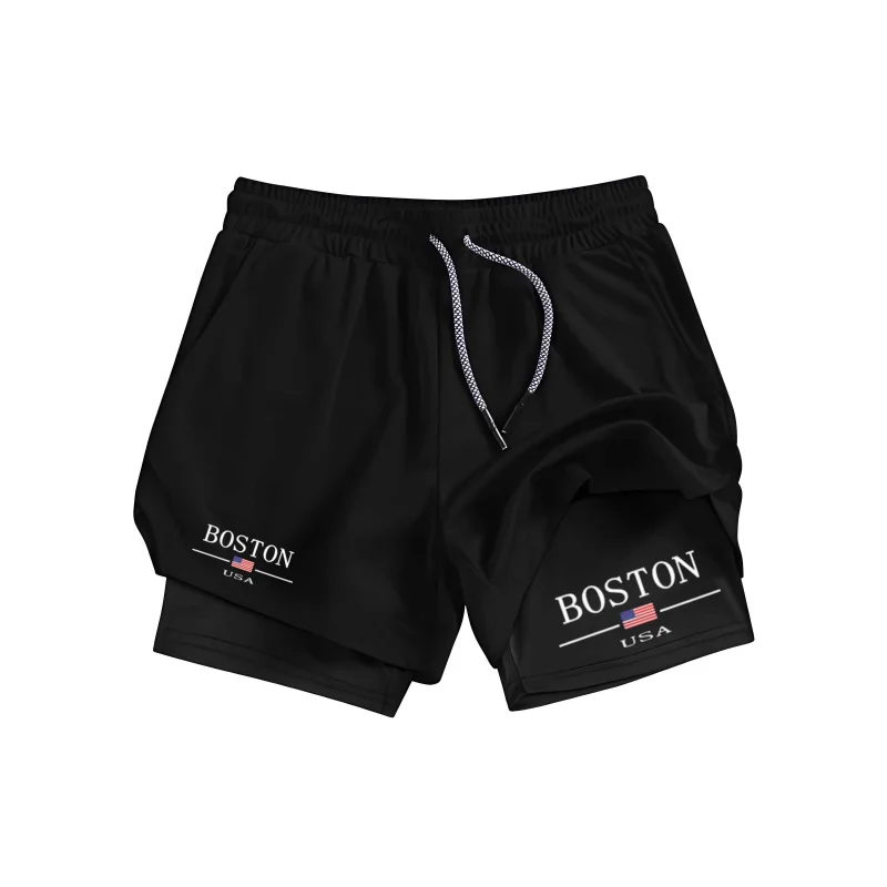

2026 New Men'S USA Boston 2-In-1 Double-Deck Running Shorts Sportswear Fitness Training Jogging Sport Pants - Men'S Clothing
