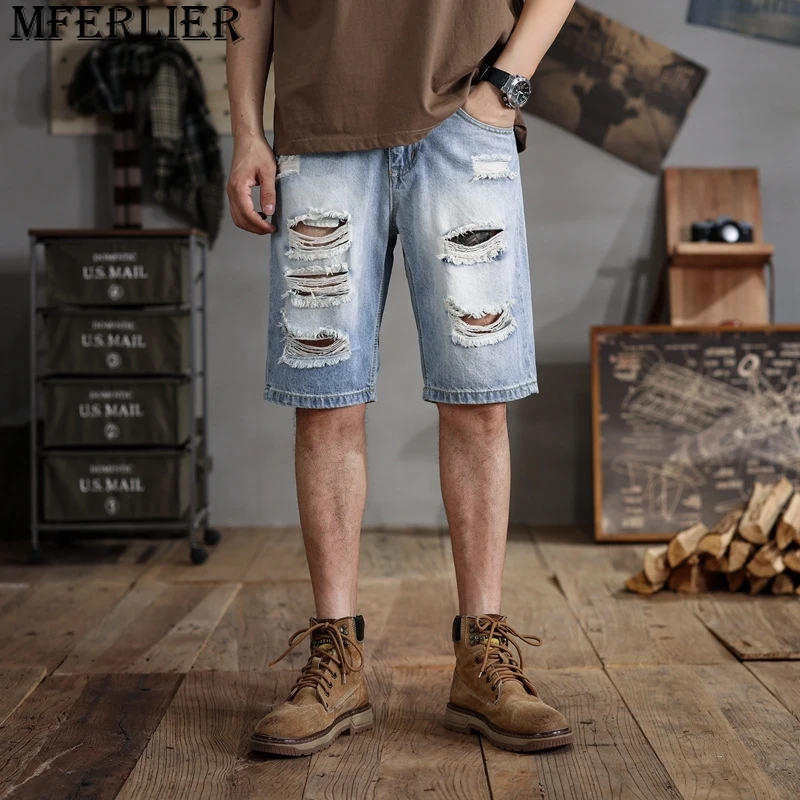 Shorts jeans com buracos quebrados para homens, tamanho grande, algodão, meio cavalo, lavado, 42 44 46 48