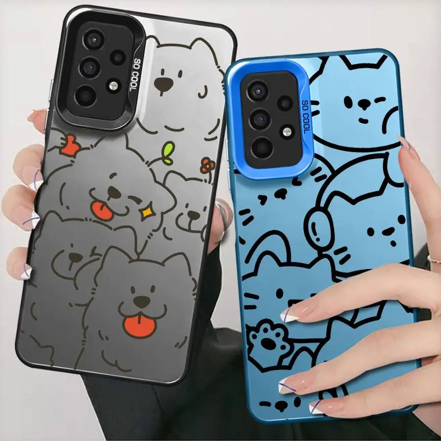 Cartoon Cat Dog Line Art Case for Samsung Galaxy A54 A14 A52 A12 A53 A34 A71 A13 A50 A32 A21s A23 A51 Colored Silver Phone Cover