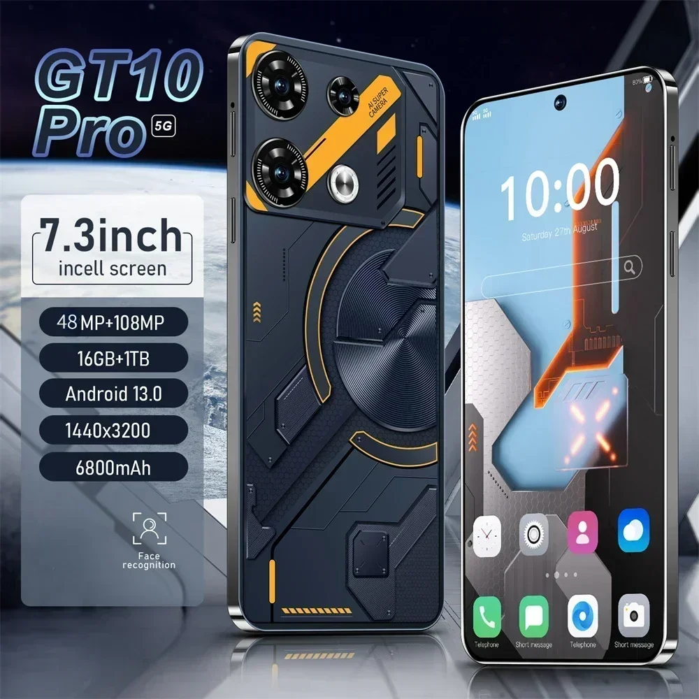 

Global version GT10 Pro 5G Original Smartphone 7.3 inch HD screen 6800mAh 108MP camera Dual Standby Android 14 unlocked phone