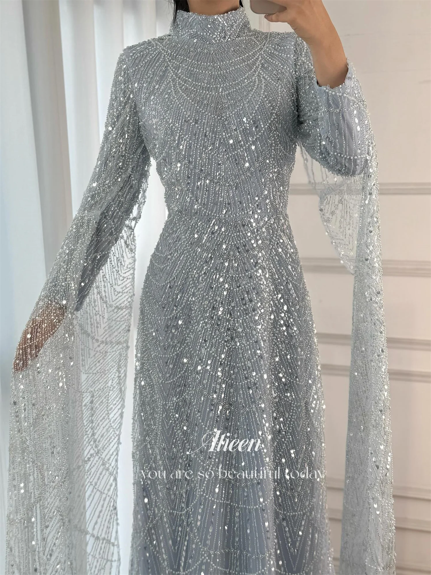 فساتين نسائية أنيقة باللون الأزرق السماوي من Aileen لحفلات الزفاف فستان سهرة نسائي مخصص مطرز بالخرز فيستدوس دي فيستا فساتين سهرة #2