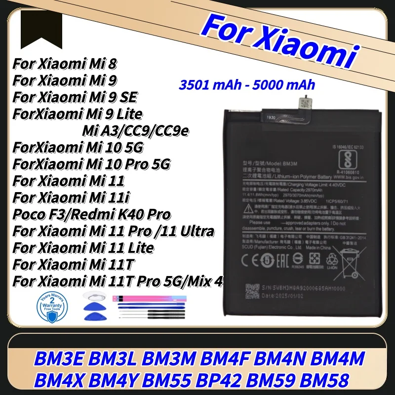 100%New High Quality Battery For Xiaomi Mi 8 9 10 11 11i 11T Ultra SE Lite 5GBatteries BM4F BM4N BM4X BM4Y BM3L BM3M BP42