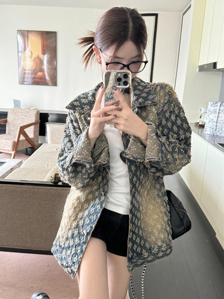Uniquely designed retro denim jacket women in summer 2025 new Hong Kong style loose and niche printed jacket top