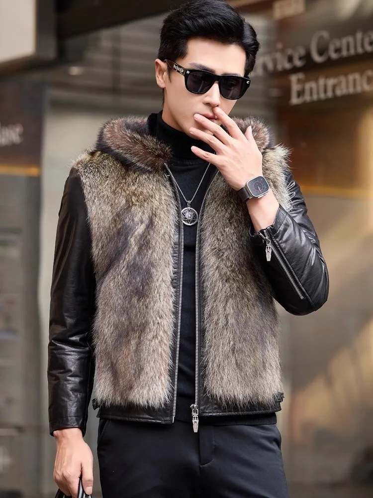 Luxury Genuine Leather Men Jacket Oil Wax Cowhide Down Coat Winter Hooded Raccoon Fur Outerwear Slim Fit Chic Real-fur Jackets