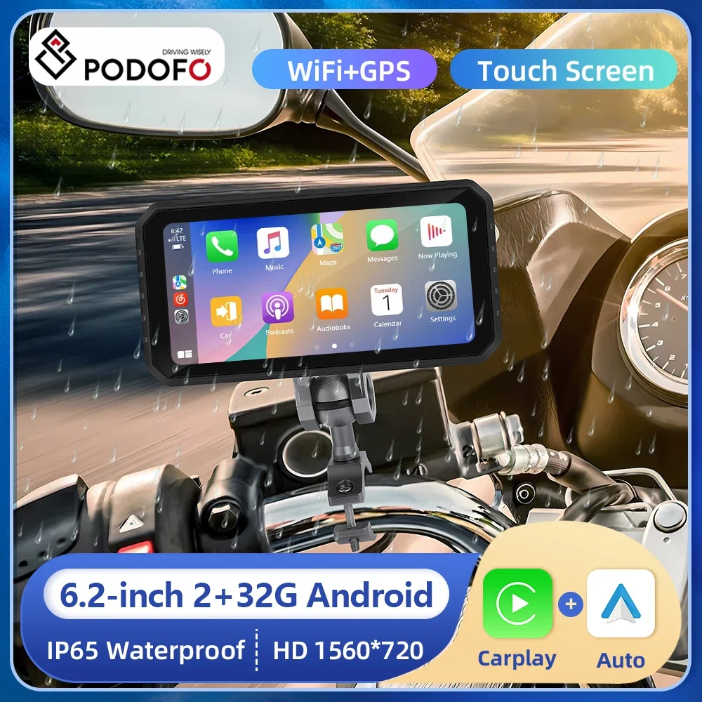 Podofo-Monitor Carplay para motocicleta, dispositivo con Android, 2 + 32G, GPS, WIFI, Carplay, navegación automática, Bluetooth, FM, MirrorLink, 6,2 pulgadas