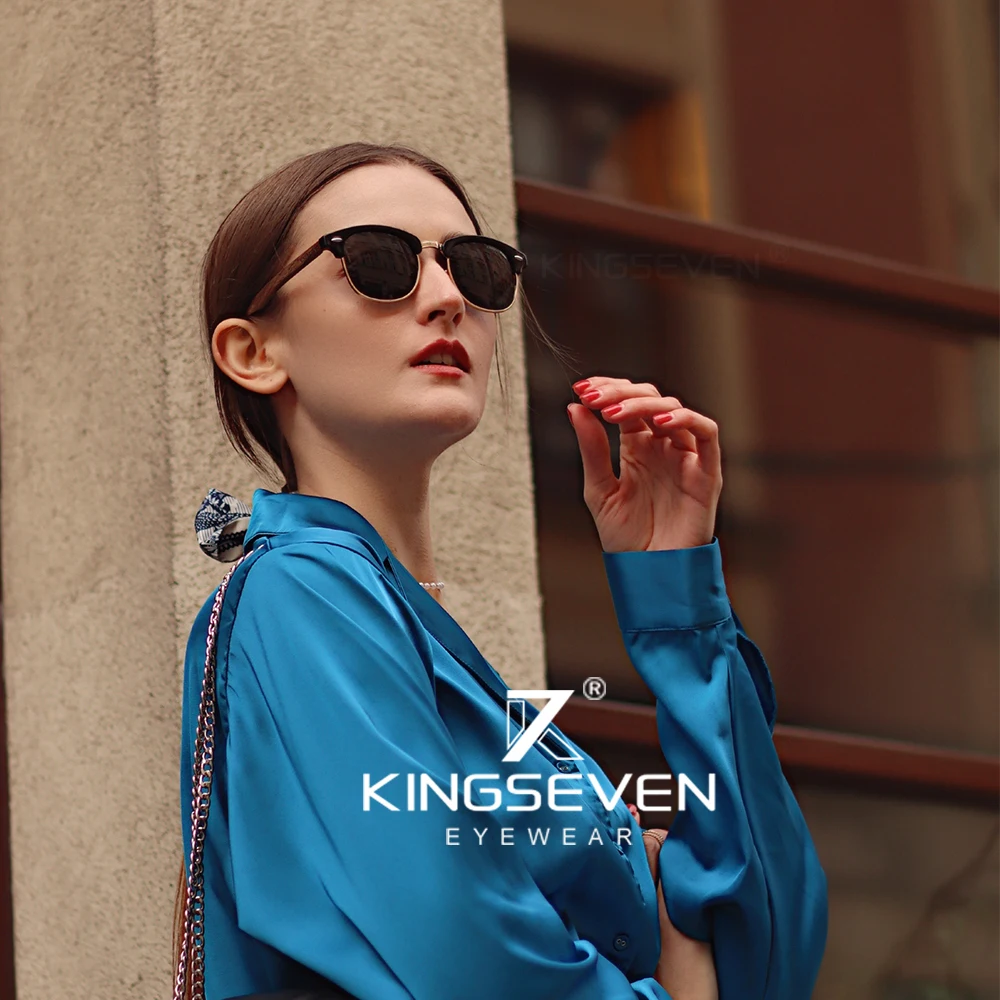 KINGSEVEN Handmade Black Walnut Wooden Sunglasses Men Polarized UV400 Protection Semi-Rimless Retro Eyewear Women For Driving