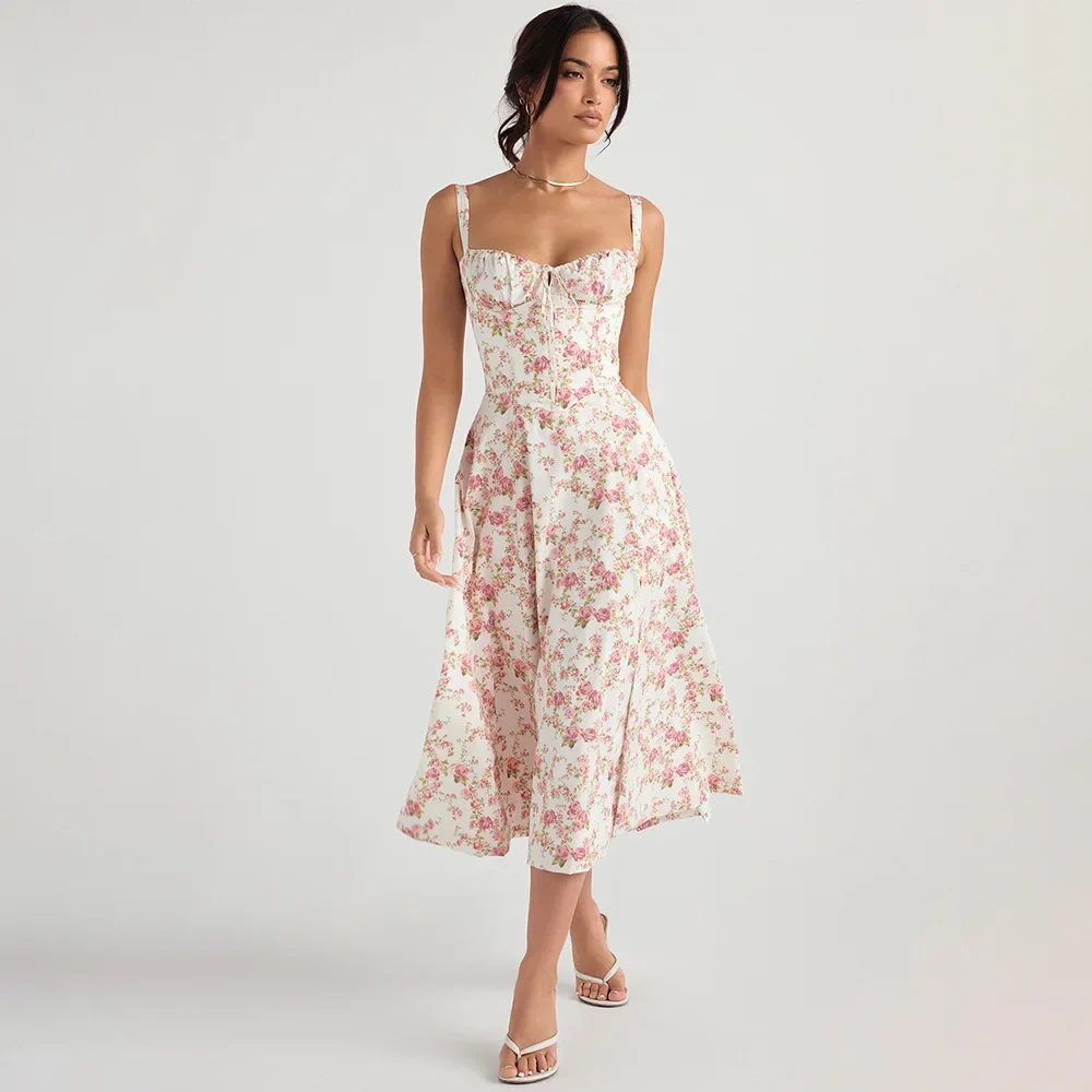 

Soolasea 2024 New Women's Summer Sundress Floral Print Dresses Elegant Midi Dress Casual Clothes Chic Sweet Split Party Dress