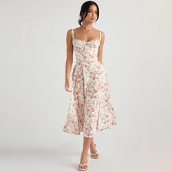 Soolasea 2024 New Women's Summer Sundress Floral Print Dresses Elegant Midi Dress Casual Clothes Chic Sweet Split Party Dress