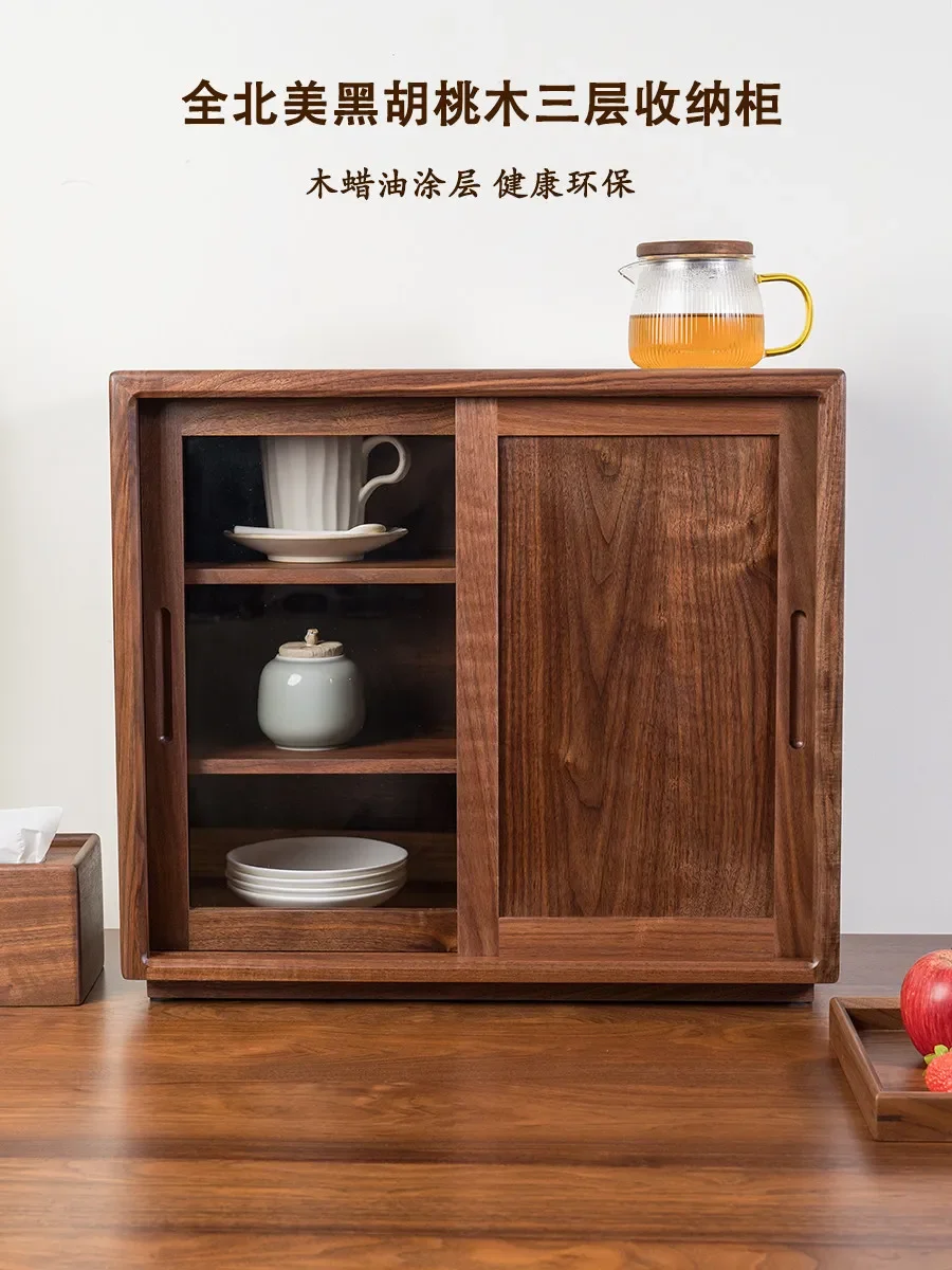 Black walnut desktop storage cabinet, dust-proof water cup tea set storage rack, coffee cup multi-layer storage box
