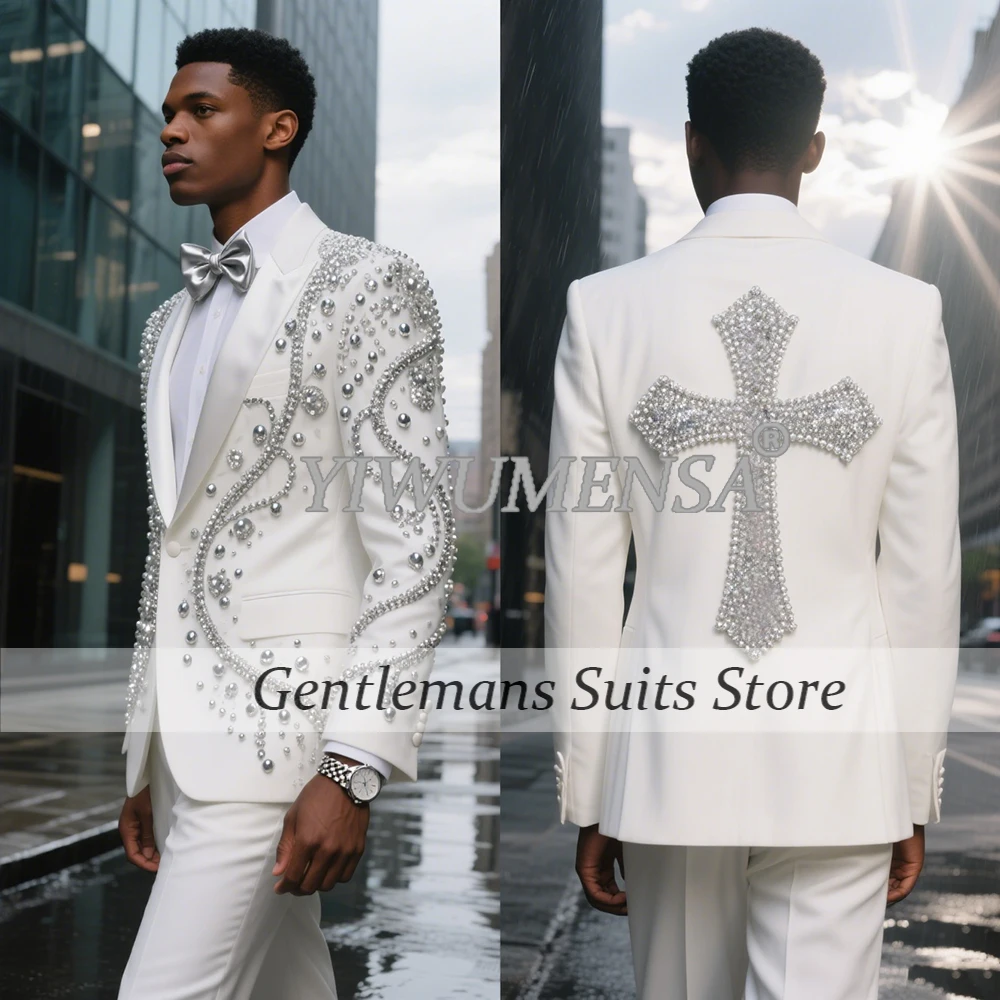 

Luxury Pearls Beaded Suits Men 2 Pieces Sets For American Fashion Party Prom Blazers Customized Groom Wedding Tuxedos Man Dress