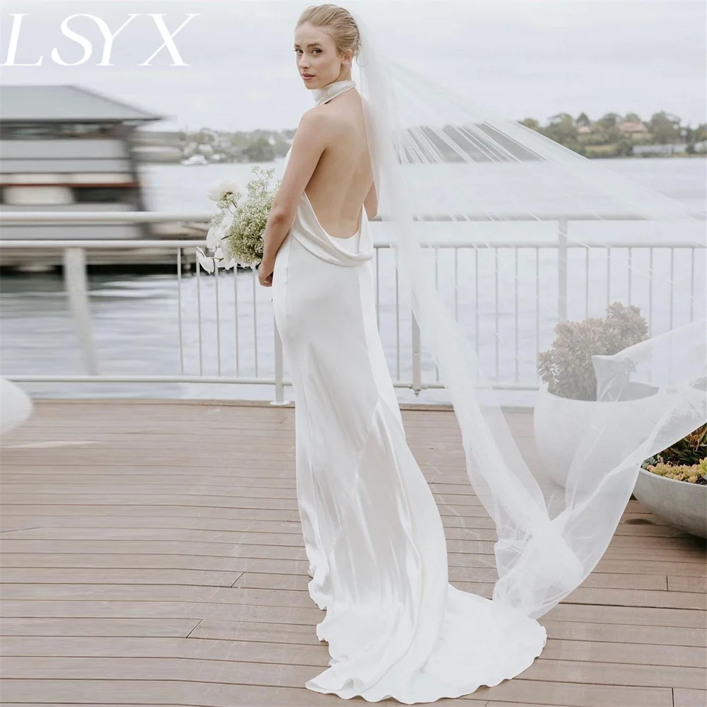 LSYX-vestido de noiva sereia cetim sem mangas para mulheres, halter simples, elegante costas abertas, vestido de noiva trem tribunal, feito sob encomenda