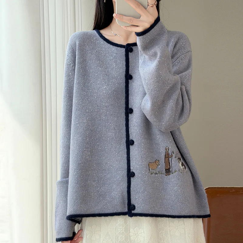Autumn Women's 100% Merino Wool Cardigan Sweater O‑Neck Contrast Binding Whimsical Animal Embroidery Playful Knit Outerwear 6