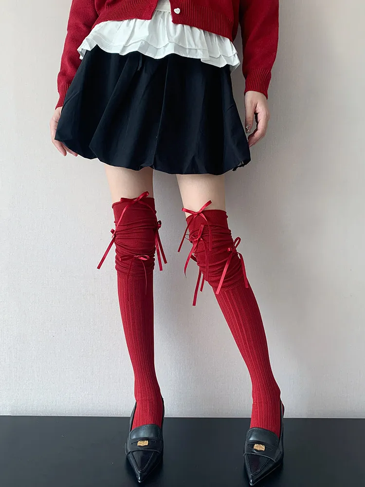 Women Bow Tie Over Knee Socks Ribbed Long Stockings Ballet Style Thigh High Legwear Soft Stretch for Fall Winter Y2K Streetwear