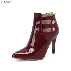 Women Heeled Ankle Boots Leather Wine Red Black White Green Shoes Spring Fall Stiletto Big Size 34-50 Sissy Cross Men High Heels