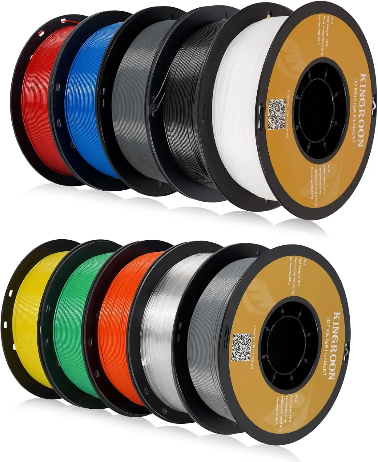 

Kingroon PLA 3D Printer Filament, 10 Rolls, Dimensional Accuracy +/- 0.02 mm, 1kg Spool(2.2lbs), 1.75 mm,10KG Ten Colors Black