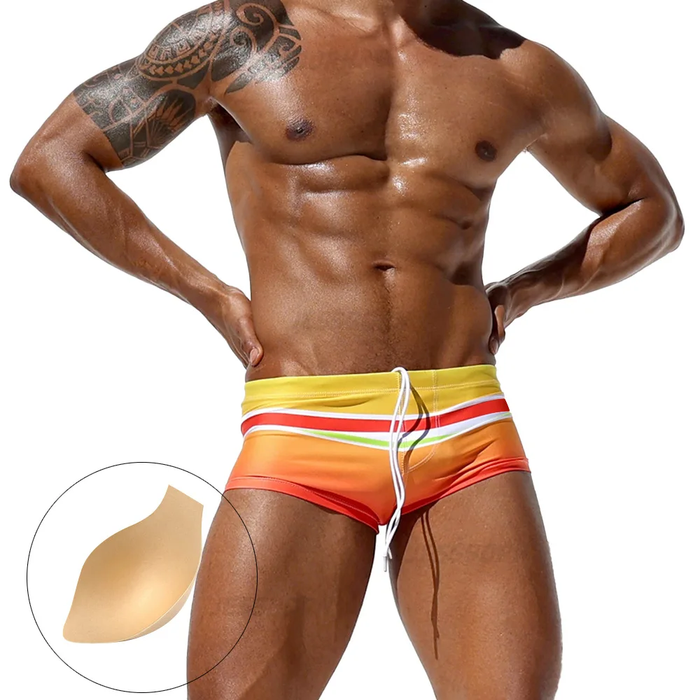 

Flat Angle Swimming Trunks for Men Gradiant Rainbow Stripes Fashion Beach Swimming Boxer Shorts with Soft Enhancer Pad