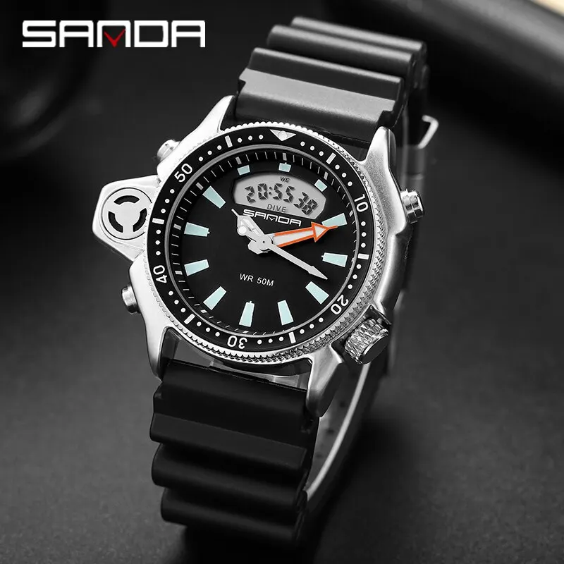 SANDA Sport Men Quartz Digital Watch Creative Diving Watches Men Waterproof Alarm Watch Dual Display Clock Relogio Masculino