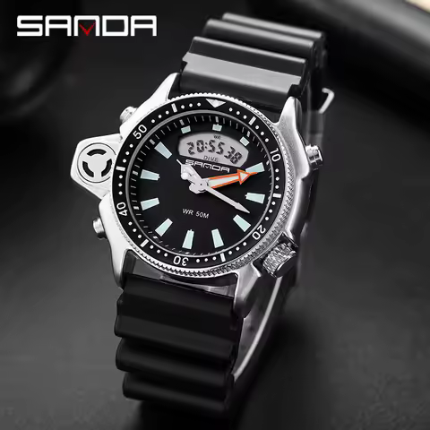 SANDA Sport Men Quartz Digital Watch Creative Diving Watches Men Waterproof Alarm Watch Dual Display Clock Relogio Masculino