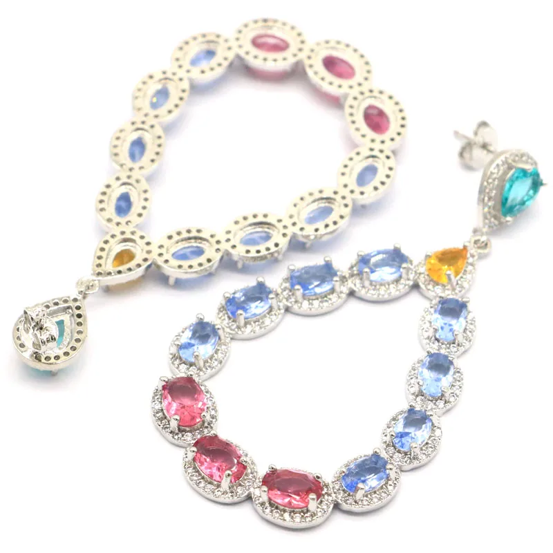 

62x35mm High Trendy Multi Color Tourmaline Violet Tanzanite Golden Citrine Pink Tourmaline CZ Women Wedding Silver Earrings