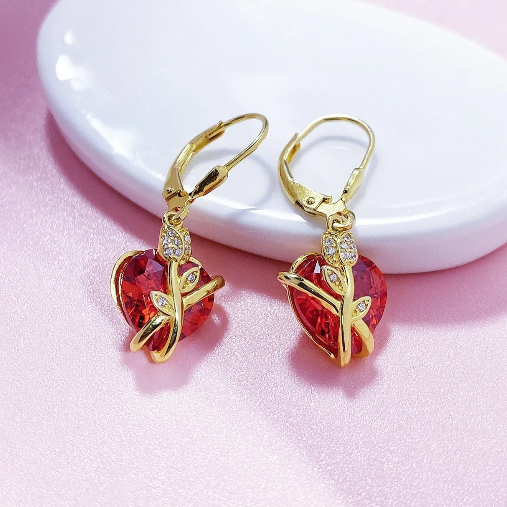 

New Fashion Red Heart Tulip pendientes plata de ley 925 Elegant Temperament Zircon Wedding Jewelry Party earrings woman