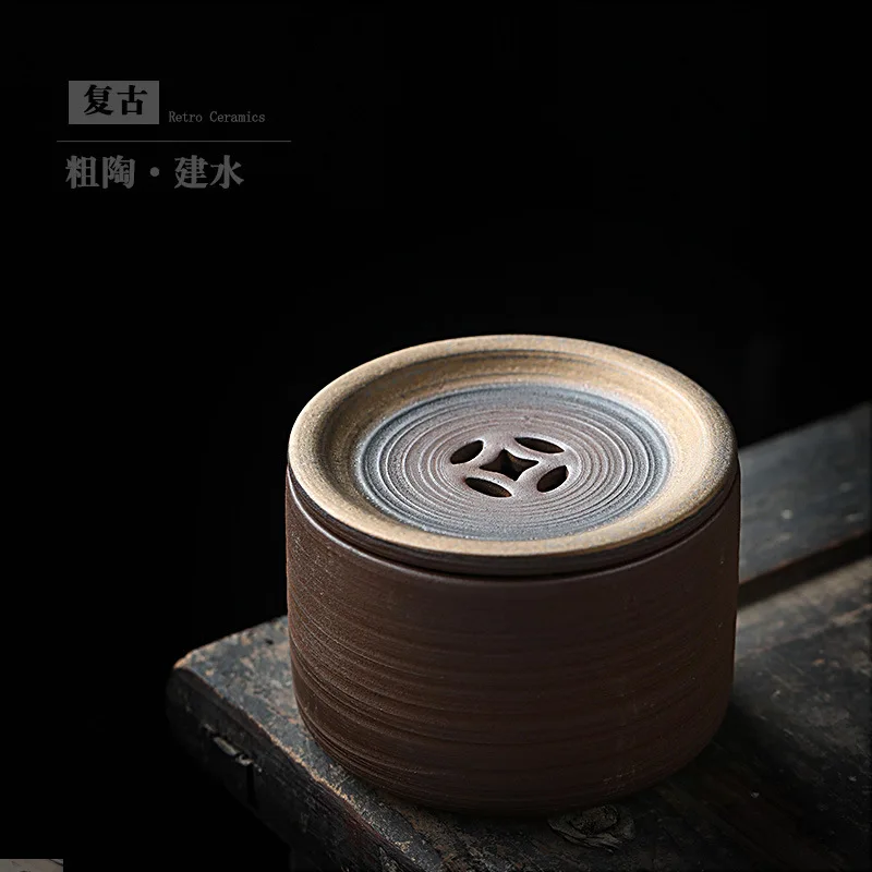 Japanese Style Coarse Pottery Exhausted Tea Jar Large Tea Wash with Lid Jianshui Imitation Firewood Tea Boiling Basin Ceramic Te