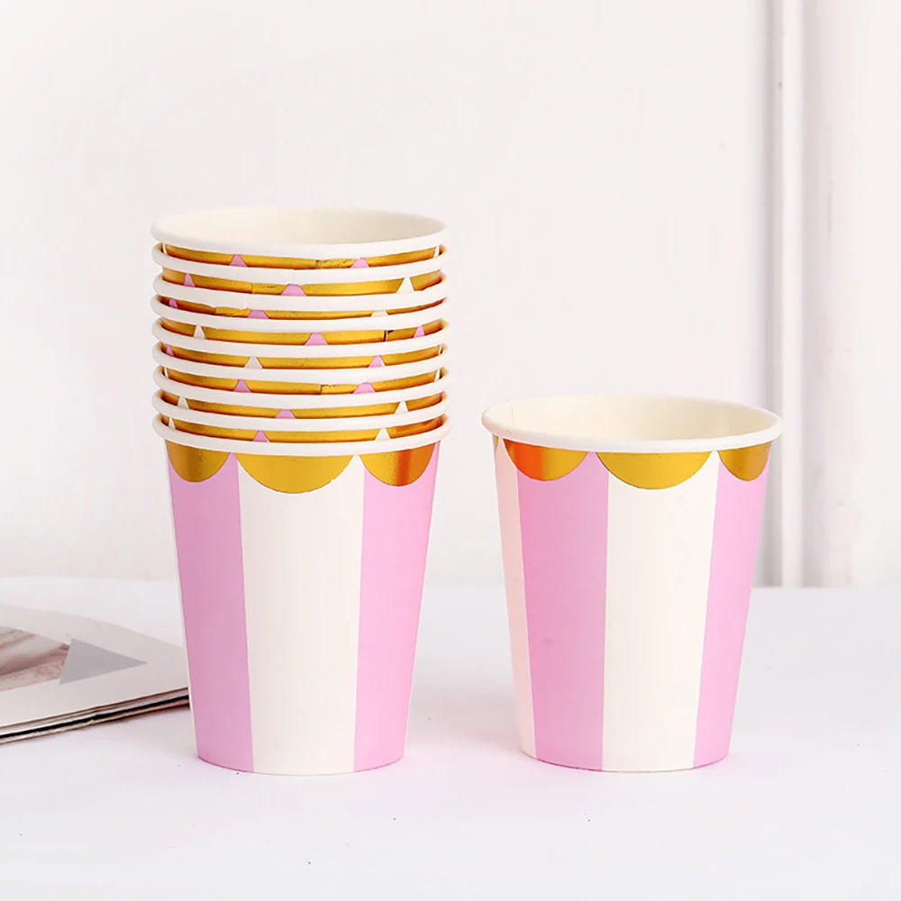 10PCS 9 Oz 250ml Gilded Striped Thickened Paper Cup Disposable Cup Wedding Birthday Party Holiday Disposable Tableware