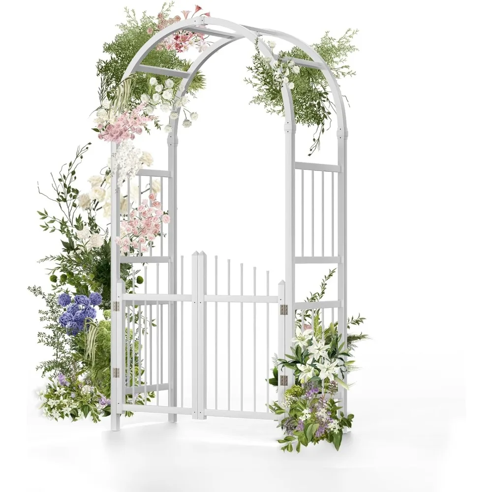 

Garden Arbor with Gate, PVC Frame Trellis Garden Arch for Plant Climbing, Vinyl Pergola Wedding Arch Backdrop Standing