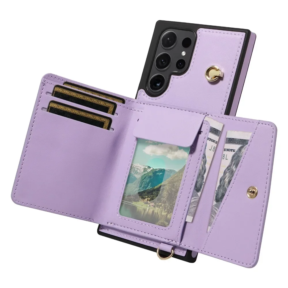 Sarung ponsel tali pergelangan tangan selempang dengan tempat kartu untuk Samsung Galaxy S25 Ultra S24 S23 FE S22 S21 Plus sampul kulit