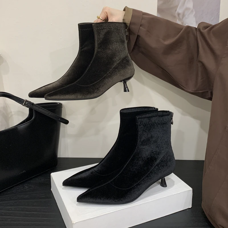 

designer Ankle Boot Woman Shoes flannel pointed toe modern Boots luxury Zip Short Boots sexy med Heels Pump black brown