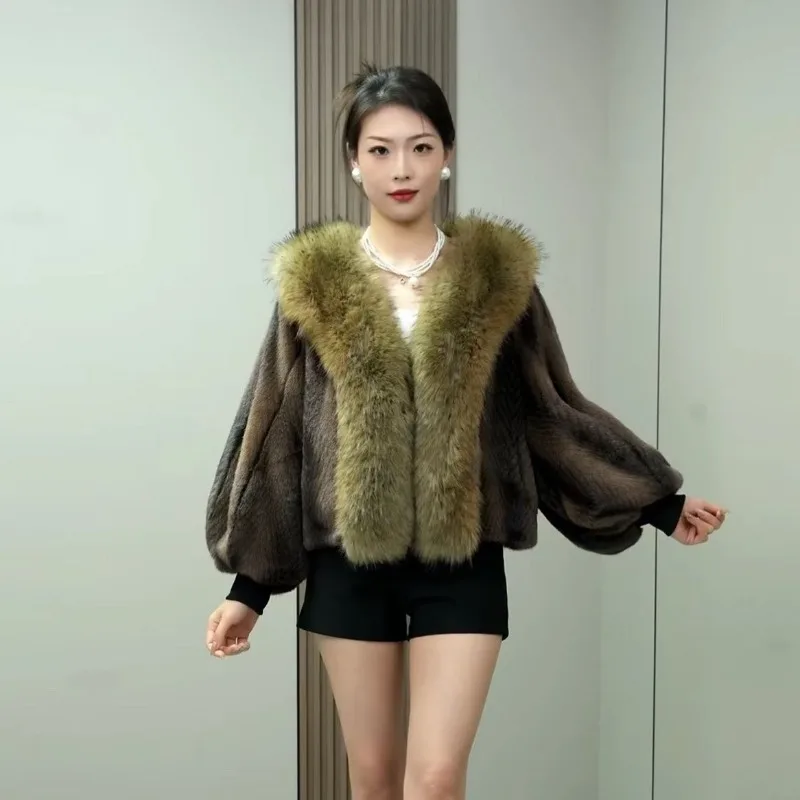 ファー襟付きの新しい高級エレガントなレディースコート、暖かいショート丈ワンピースデザイン、人気でおしゃれな冬用ファーコート