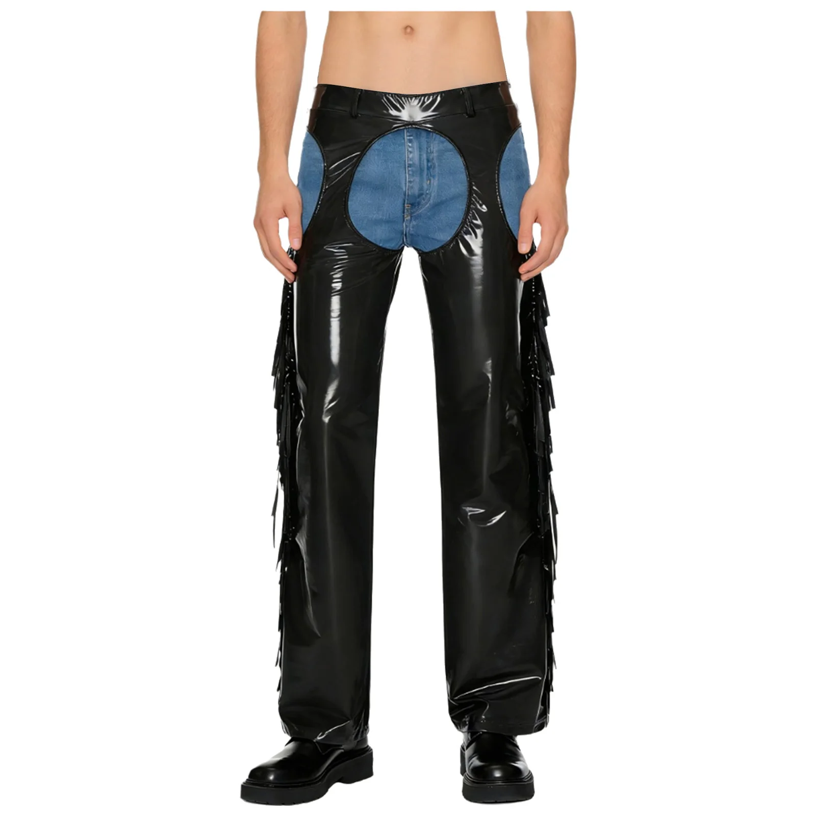 

Мужские блестящие брюки с вырезами в промежности и бедра с кисточками по бокам, широкие длинные брюки для ковбойской вечеринки, дискотеки, клубная одежда