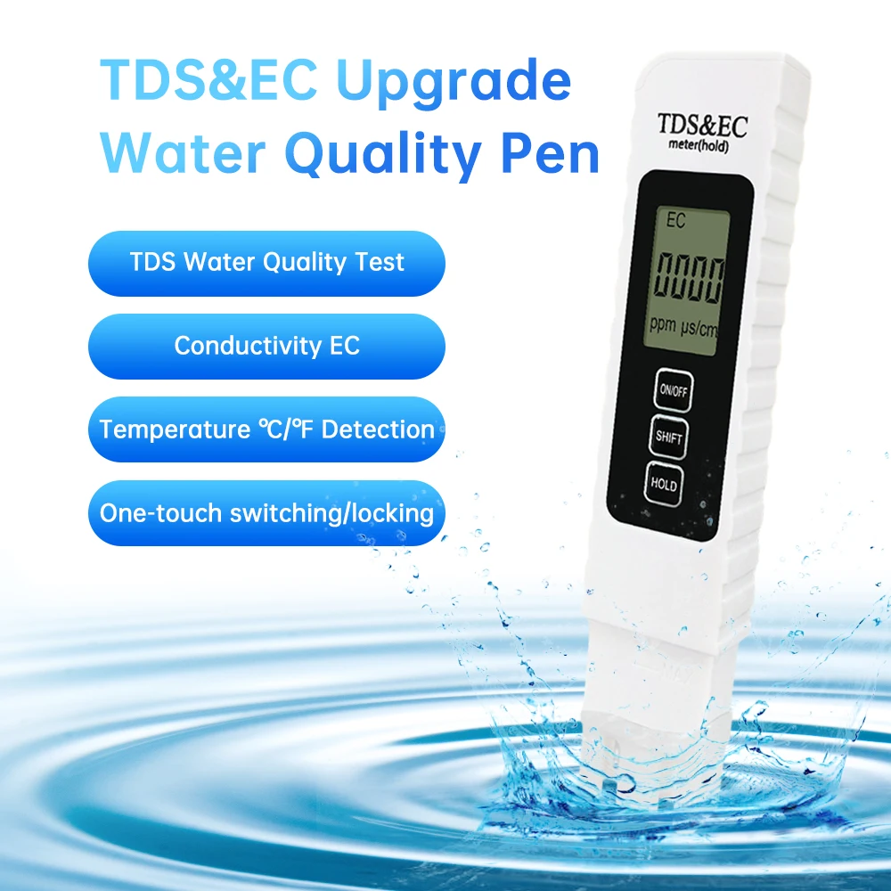 Digital TDS EC Water Quality Tester Meter Range 0-9990ppm/0-9999μs/cm Multifunctional Water Purity Temperature Meter TEMP Tester