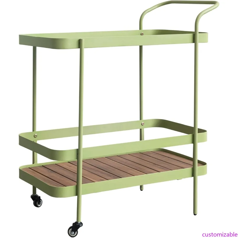 

Green and Natural Two-Tiered Metal and Acacia Wood Bar Cart with Caster Wheels for Indoor and Outdoor Use