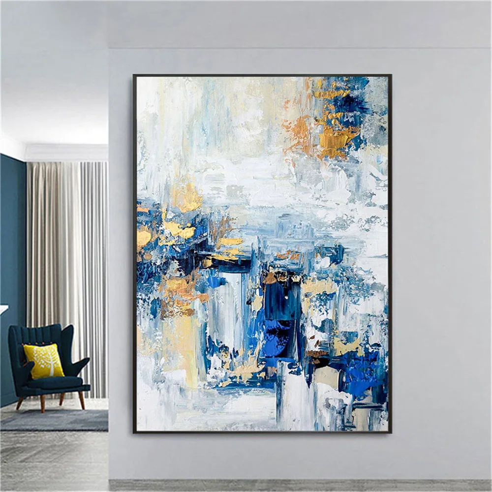 

100% Hand-Painted Modern Blue Gold Picture Abstract Palette Knife Oil Painting On Canvas Wall Art Poster Decor Home Living Room