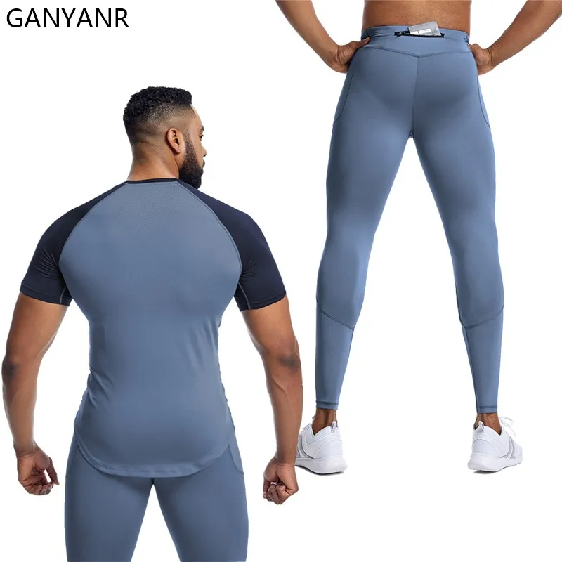 GANYANR Running Suit Men Sports set Clothing T-shirt Sweatshirt gym Football basketball Soccer Sweatpants fitness Tracksuit yoga