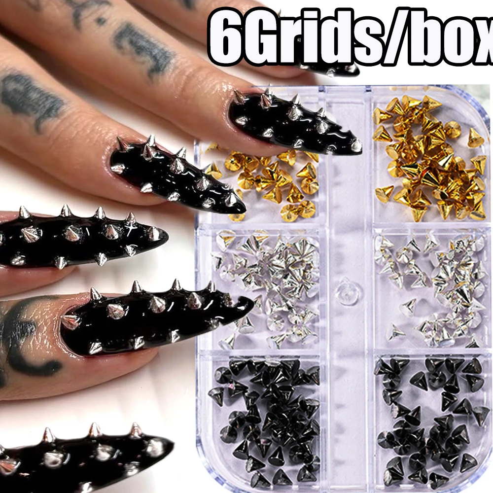 6Grid/Box Y2K 3D Rivets à pointe conique et clous à pointe plate en alliage métallique mixte style punk, couleurs Or/Argent/Gun Black