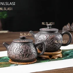 1pc Yixing Tea Pot Purple Clay Teapots Beauty Kettle Black Mud Hand Hand Carved Lotus Illustration Pot Home Handmade Tea Set