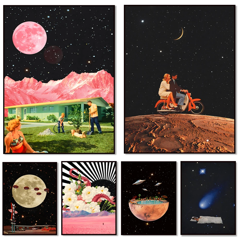 Tentacle pink rose, rainbow dream, optical illusion, mars ride, classic car, milky way, retro surreal poster, landscape, sci-fi